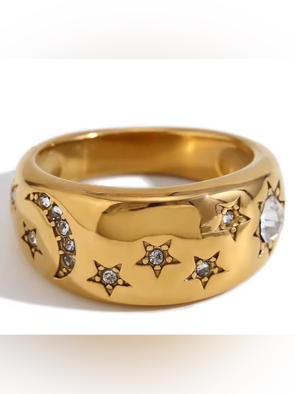 Gold Celestial Star and Moon Ring with crystal accents size 7